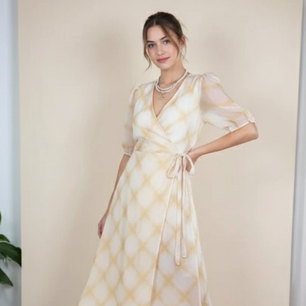 NWT En Saison Window Pane Sheer Maxi Wrap Dress